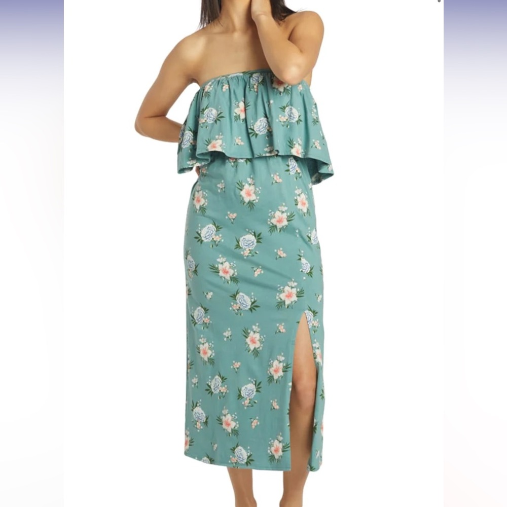 O’Neill ~ Green Floral Strapless Dress Front Side Slit Women’s Size Medium